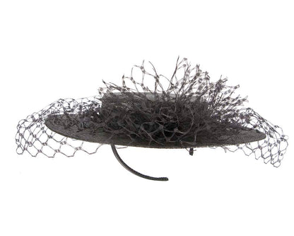 Black boater hat with face veil by Fillies Collection-5