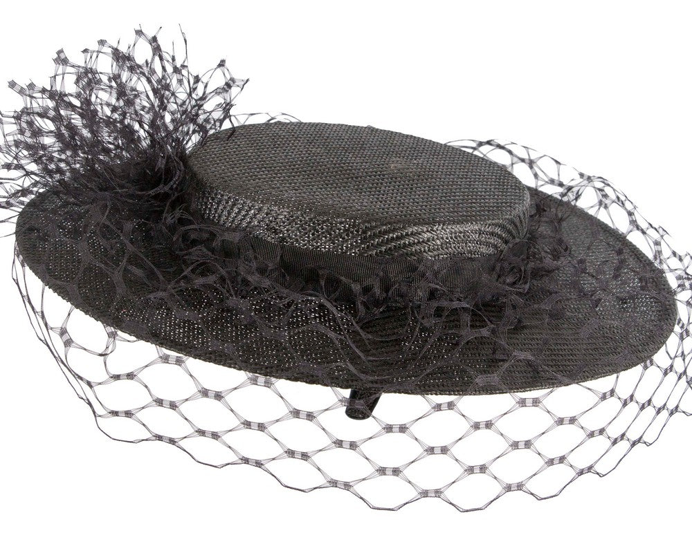 Black boater hat with face veil by Fillies Collection-3