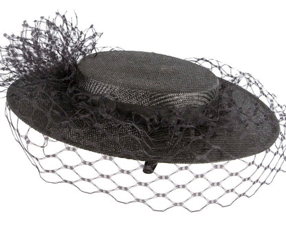 Black boater hat with face veil by Fillies Collection-3
