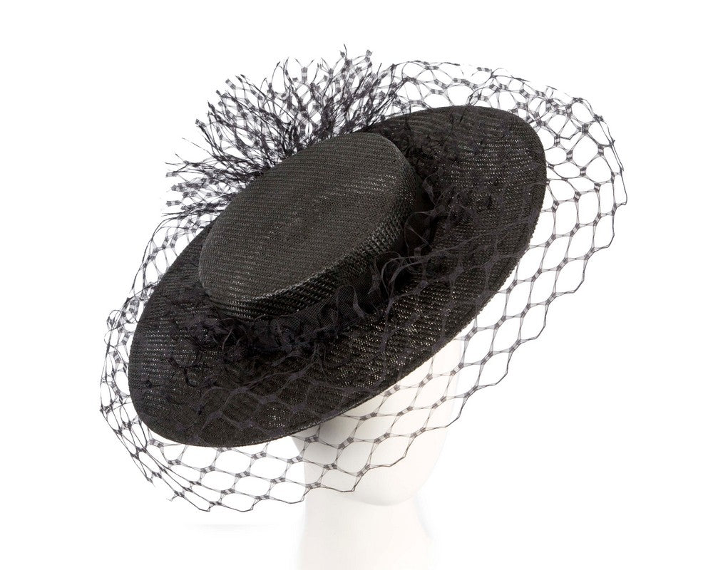 Black boater hat with face veil by Fillies Collection-0