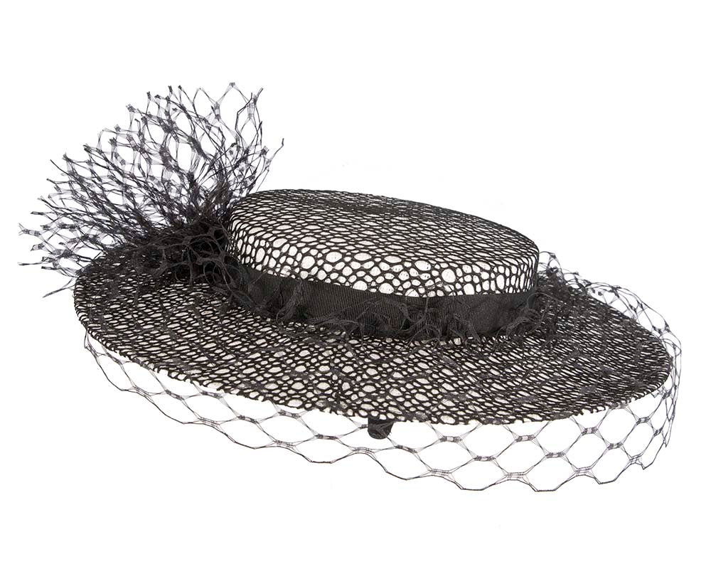 White & black boater hat with face veil by Fillies Collection-3