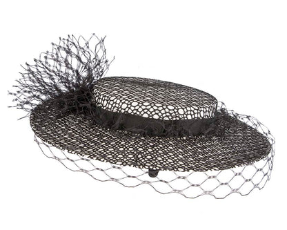 White & black boater hat with face veil by Fillies Collection-3