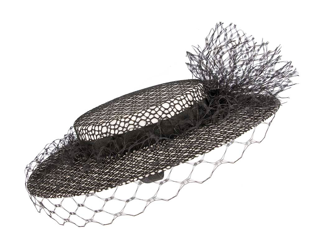 White & black boater hat with face veil by Fillies Collection-2