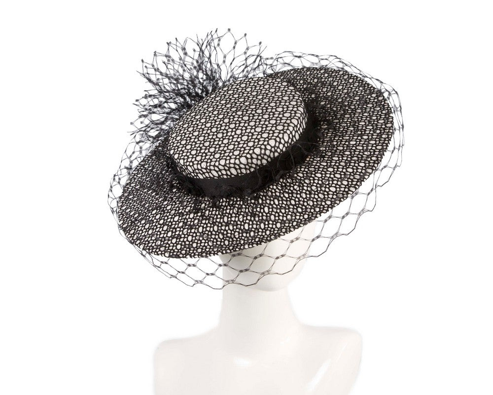 White & black boater hat with face veil by Fillies Collection-0