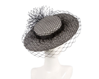 White & black boater hat with face veil by Fillies Collection-0
