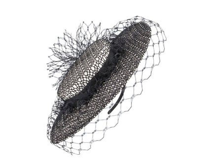 White & black boater hat with face veil by Fillies Collection-1