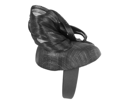 Black pillbox fascinator with silk abaca bow by Fillies Collection