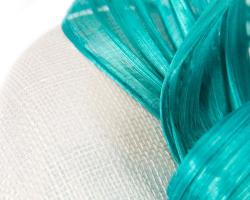 White pillbox fascinator with turquoise silk abaca bow by Fillies Collection-4