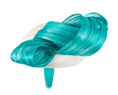 White pillbox fascinator with turquoise silk abaca bow by Fillies Collection-2