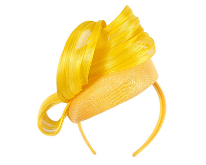 Yellow pillbox fascinator with silk abaca bow by Fillies Collection
