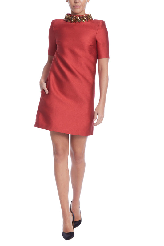 Badgley Mischka High Embellished Beaded Neckline Short Sleeves Above the Knee Shift Silhouette Dress-0