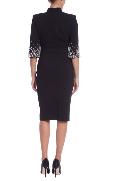 Badgley Mischka Mock Neck Quarter Sleeve Pearled Cuffs With Belt Crepe Silhouette Back Zipper Dress-2