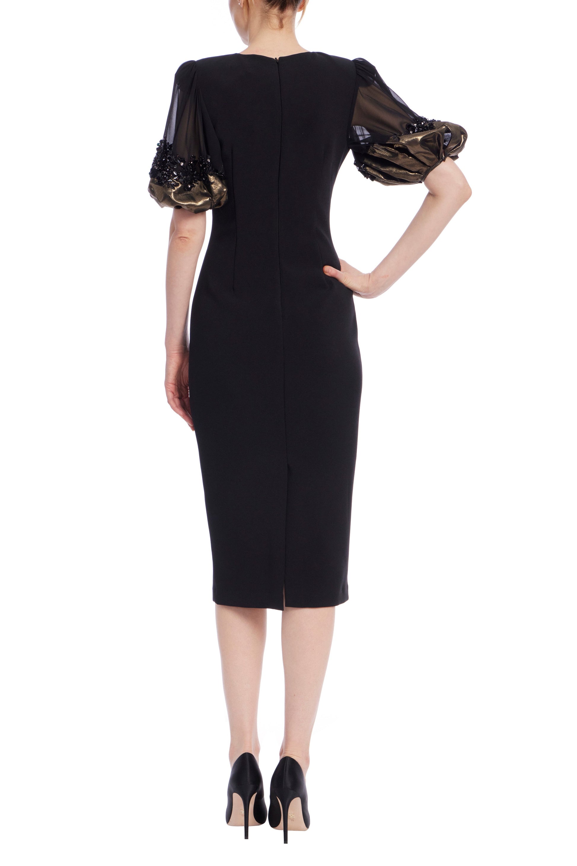 Badgley Mischka Foiled Georgette Short Sleeves Tailored Midi Sheath Silhouette Dress-2