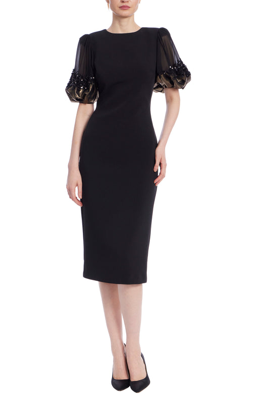 Badgley Mischka Foiled Georgette Short Sleeves Tailored Midi Sheath Silhouette Dress-0