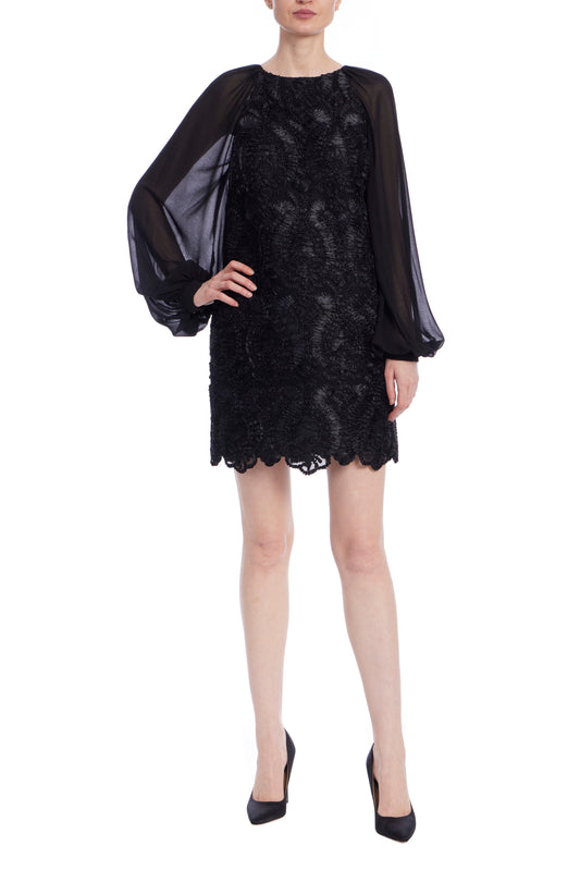 Badgley Mischka Sheer Georgette Sleeves Ribbon Detailing Mini Sheath Silhouette Dress-0
