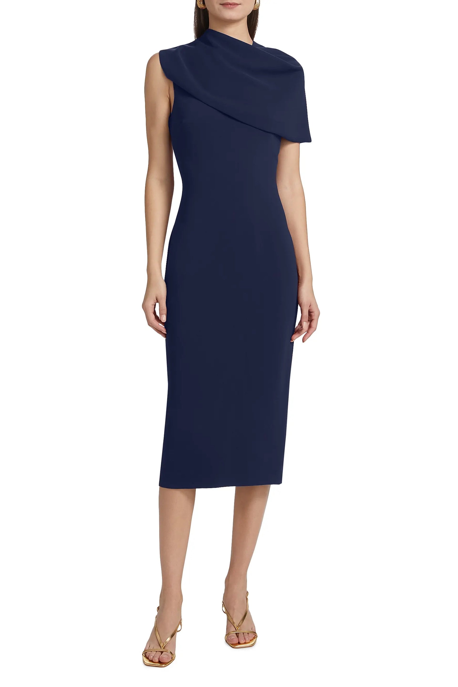 Badgley Mischka Asymmetric Neckline Cape Sleeve Back Zip Closure Midi Dress-3