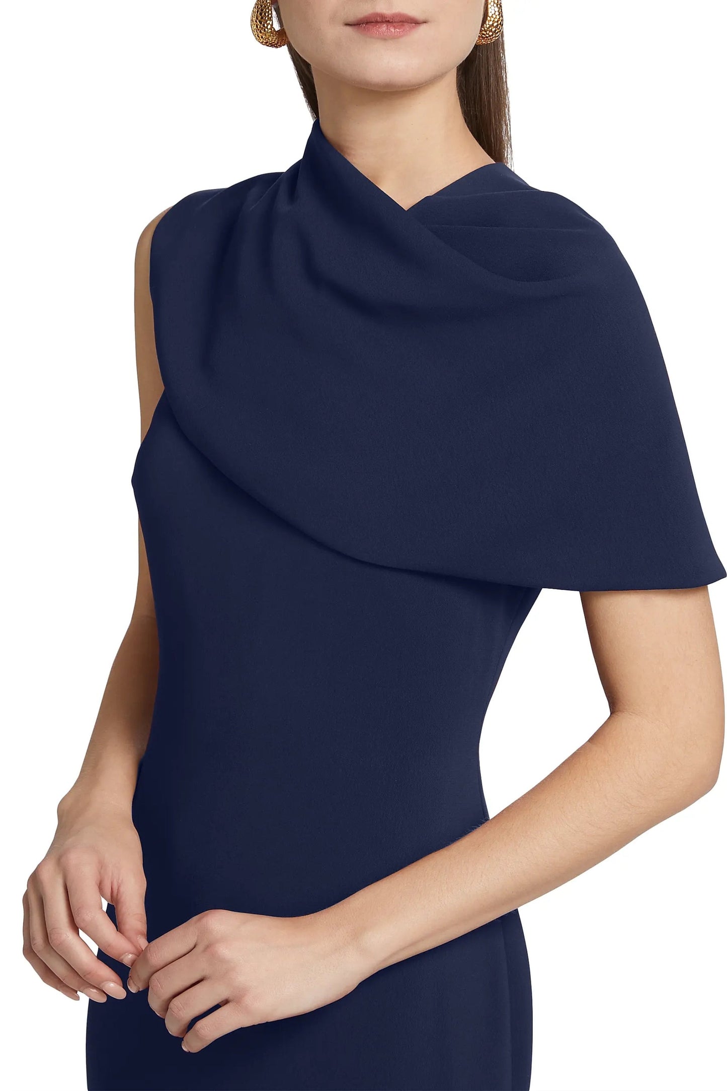 Badgley Mischka Asymmetric Neckline Cape Sleeve Back Zip Closure Midi Dress-4