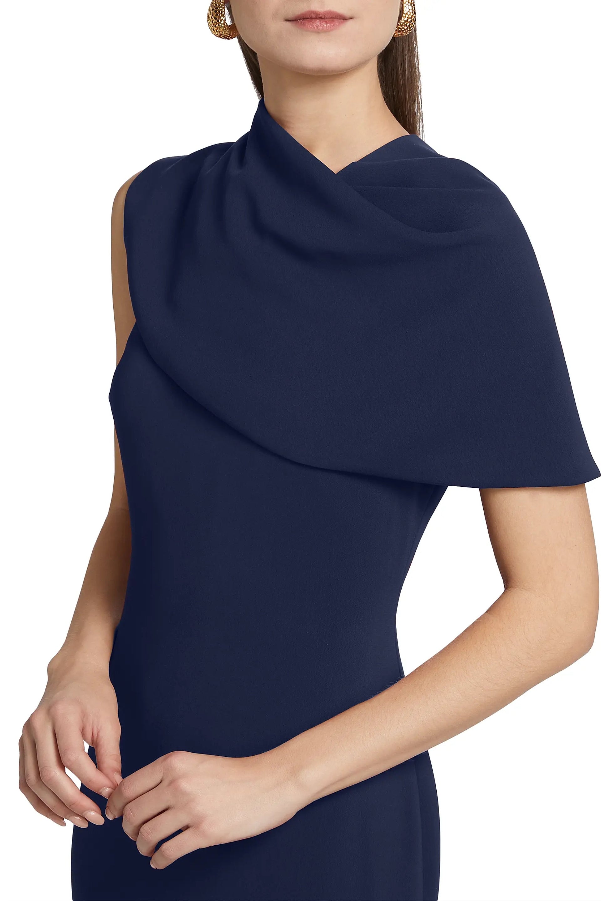 Badgley Mischka Asymmetric Neckline Cape Sleeve Back Zip Closure Midi Dress-4