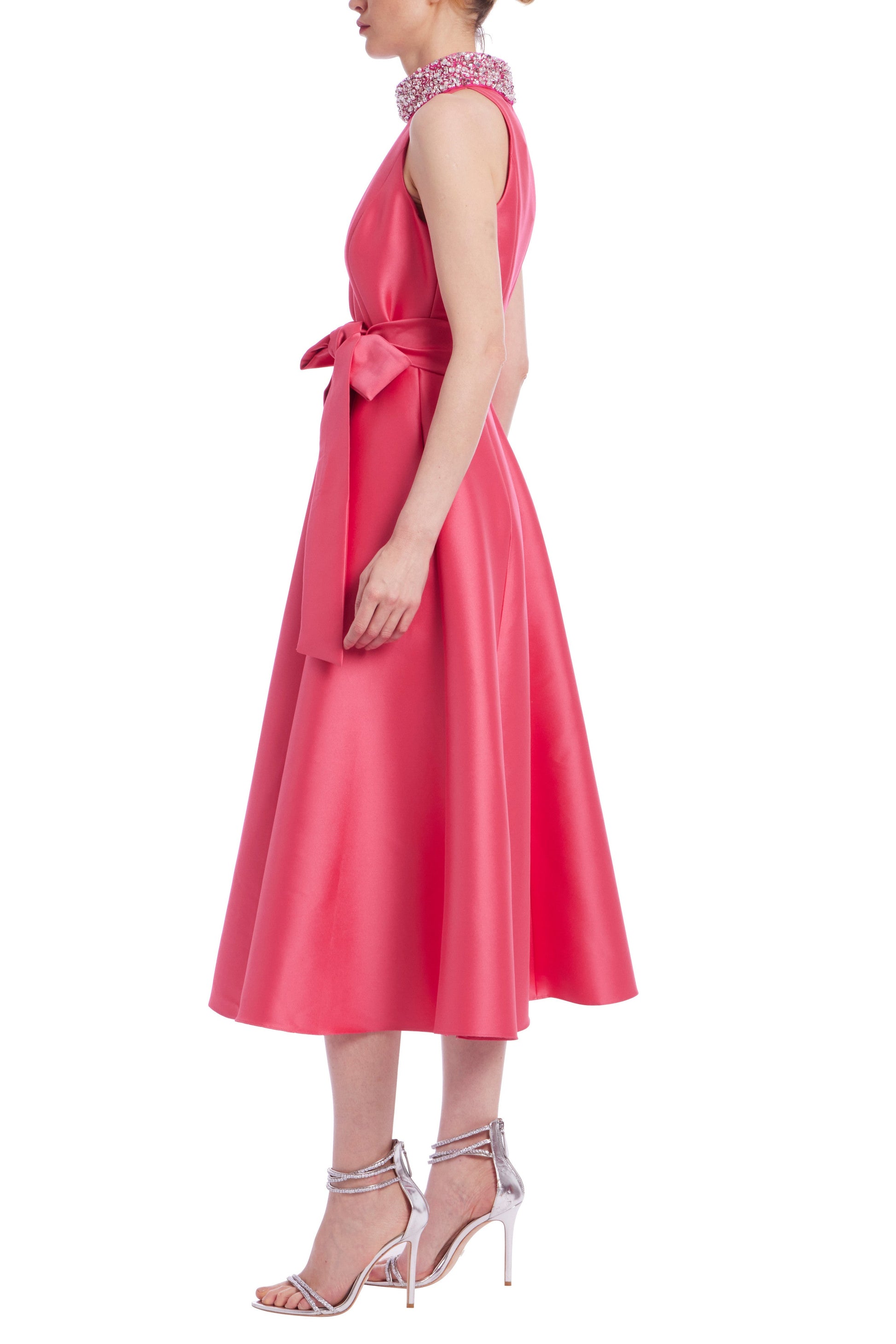 Badgley Mischka Beaded Halter Neckline Waist Self-Tie Sash Full Skirt Midi Dress-1