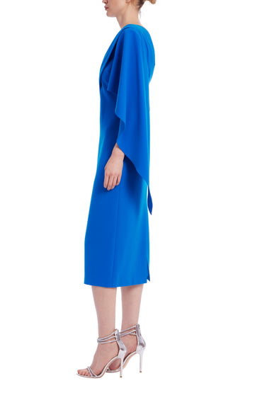 Badgley Mischka Asymmetrical Pleats One-Shoulder Quarter Length Sleeves Draped Sheath Midi Dress-1