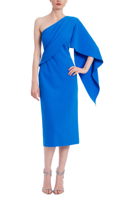 Badgley Mischka Asymmetrical Pleats One-Shoulder Quarter Length Sleeves Draped Sheath Midi Dress-0
