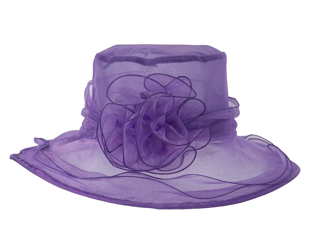 Large Purple Organza Racing Hat with flower-3