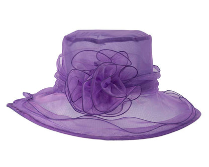 Large Purple Organza Racing Hat with flower-3