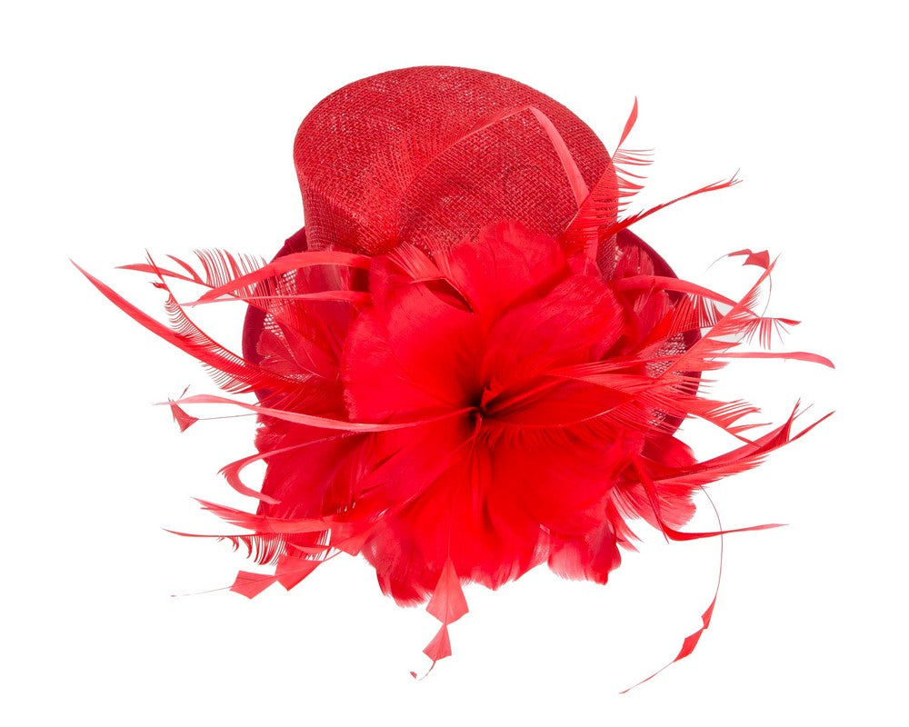 Red sinamay and feathers fascinator