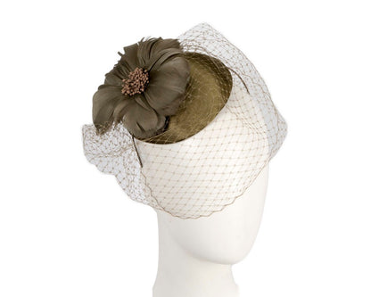 Olive fascinator with feather and veil-0