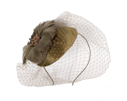 Olive fascinator with feather and veil-1