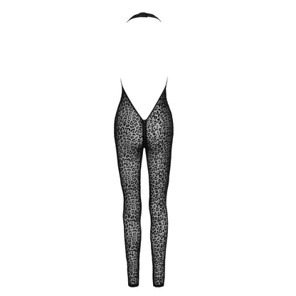 See Through Leopard Flock Halter Catsuit Noir Handmade-3