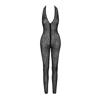 See Through Leopard Flock Halter Catsuit Noir Handmade-4