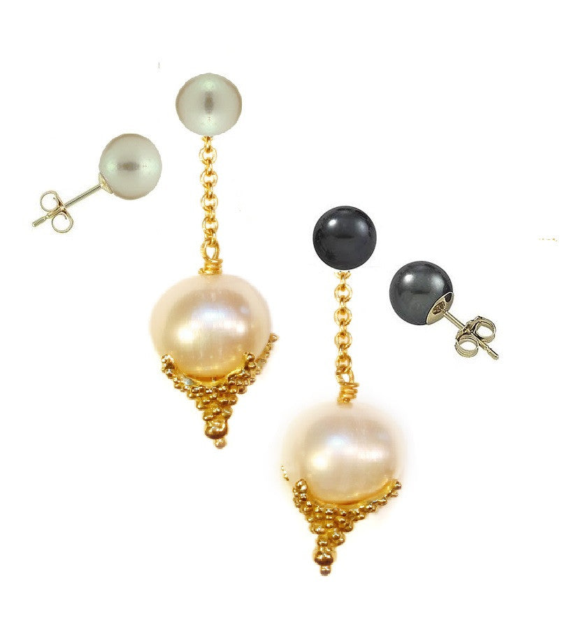 Pearl Drop Earrings-Small Dots in sterling silver or gold plate.