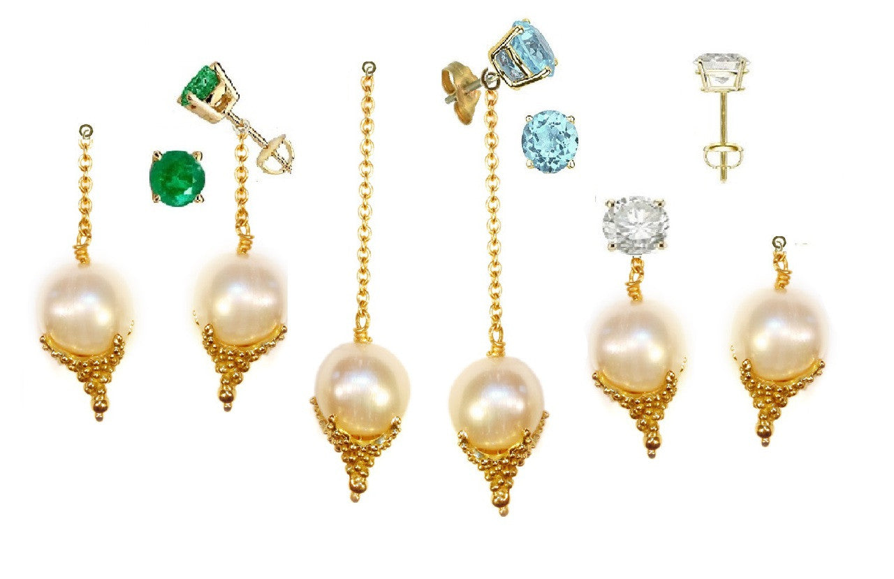 Pearl Drop Earrings-Small Dots in sterling silver or gold plate.