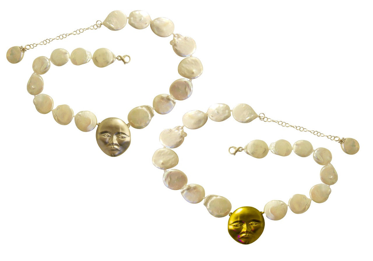 Sterling Silver Face, Diamond Eyes, Huge coin pearl necklace. Someone to Watch Over Me-Sun/ Moon Collection