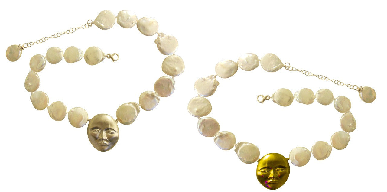Sterling Silver Face, Diamond Eyes, Huge coin pearl necklace. Someone to Watch Over Me-Sun/ Moon Collection