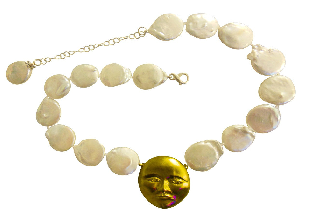 Sterling Silver Face, Diamond Eyes, Huge coin pearl necklace. Someone to Watch Over Me-Sun/ Moon Collection
