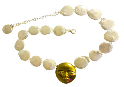 Sterling Silver Face, Diamond Eyes, Huge coin pearl necklace. Someone to Watch Over Me-Sun/ Moon Collection