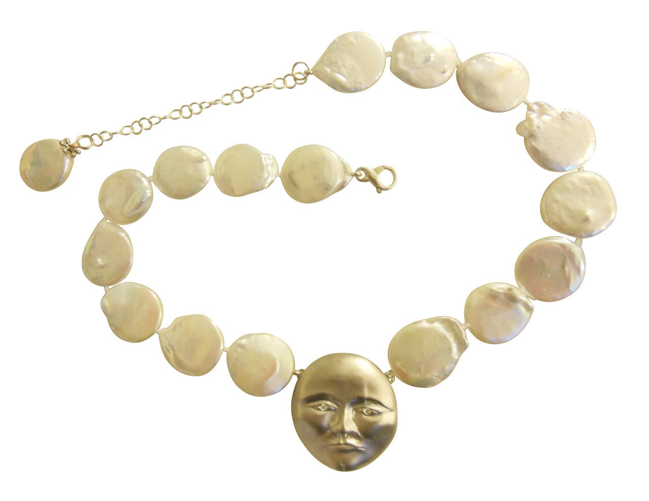 Sterling Silver Face, Diamond Eyes, Huge coin pearl necklace. Someone to Watch Over Me-Sun/ Moon Collection