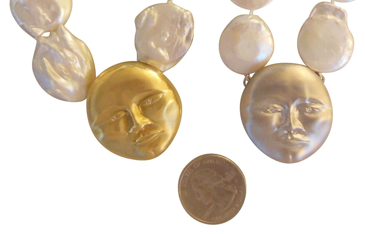 Sterling Silver Face, Diamond Eyes, Huge coin pearl necklace. Someone to Watch Over Me-Sun/ Moon Collection