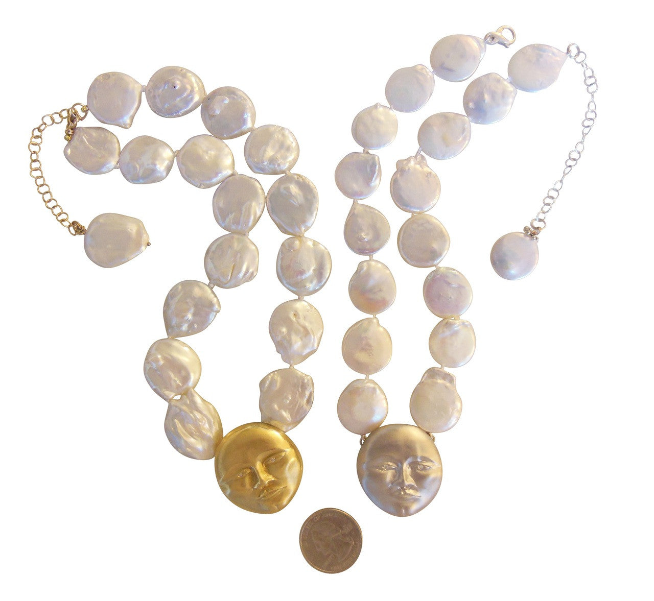 Sterling Silver Face, Diamond Eyes, Huge coin pearl necklace. Someone to Watch Over Me-Sun/ Moon Collection