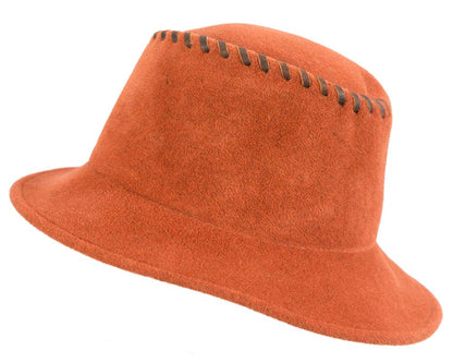 Exclusive orange bucket hat with leather trim