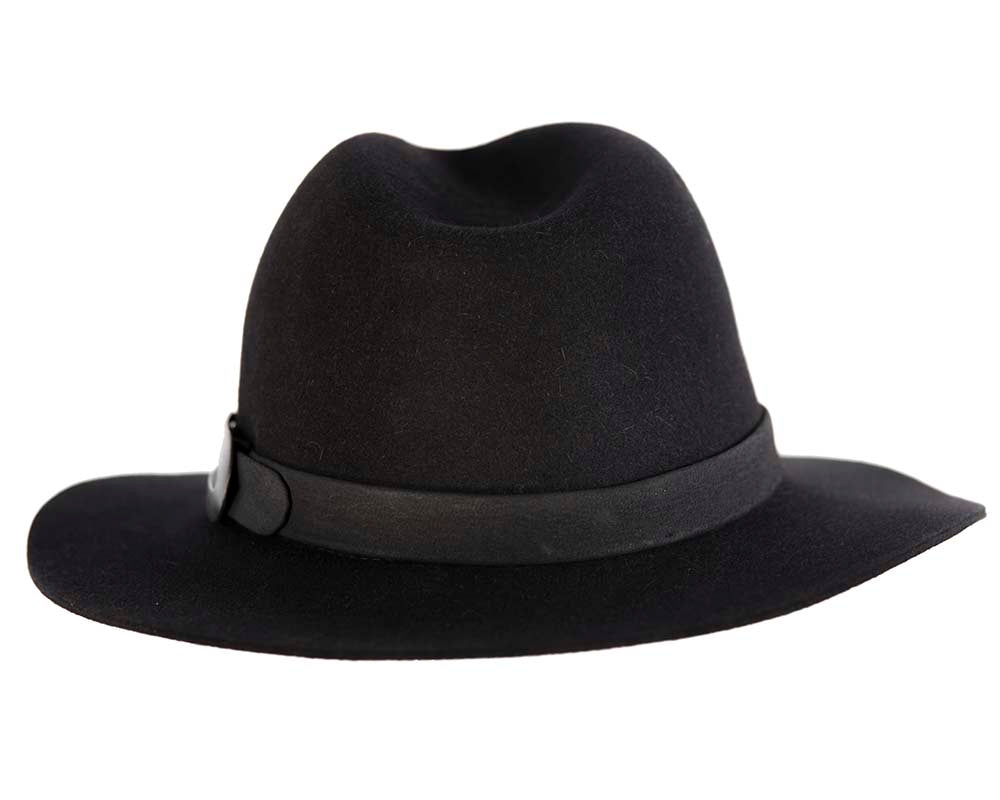 Black rabbit fur wide brim fedora hat with leather band