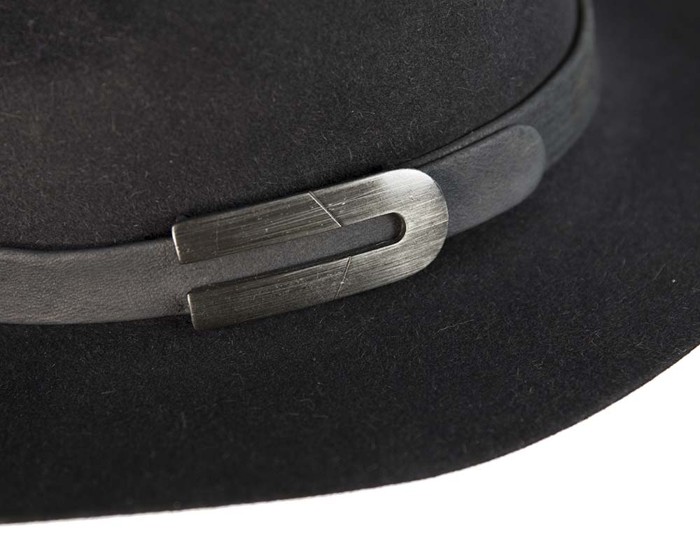 Black rabbit fur wide brim fedora hat with leather band