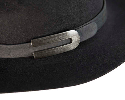 Black rabbit fur wide brim fedora hat with leather band