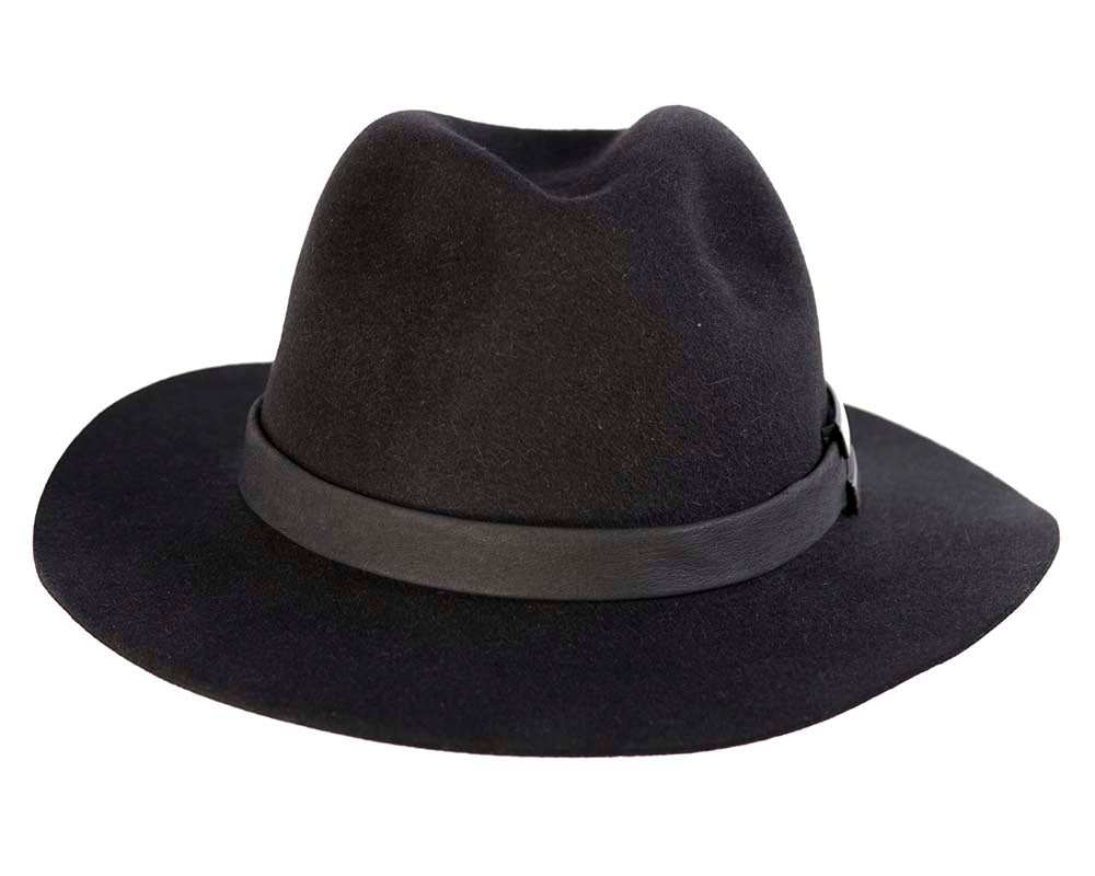 Black rabbit fur wide brim fedora hat with leather band