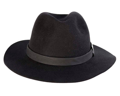 Black rabbit fur wide brim fedora hat with leather band
