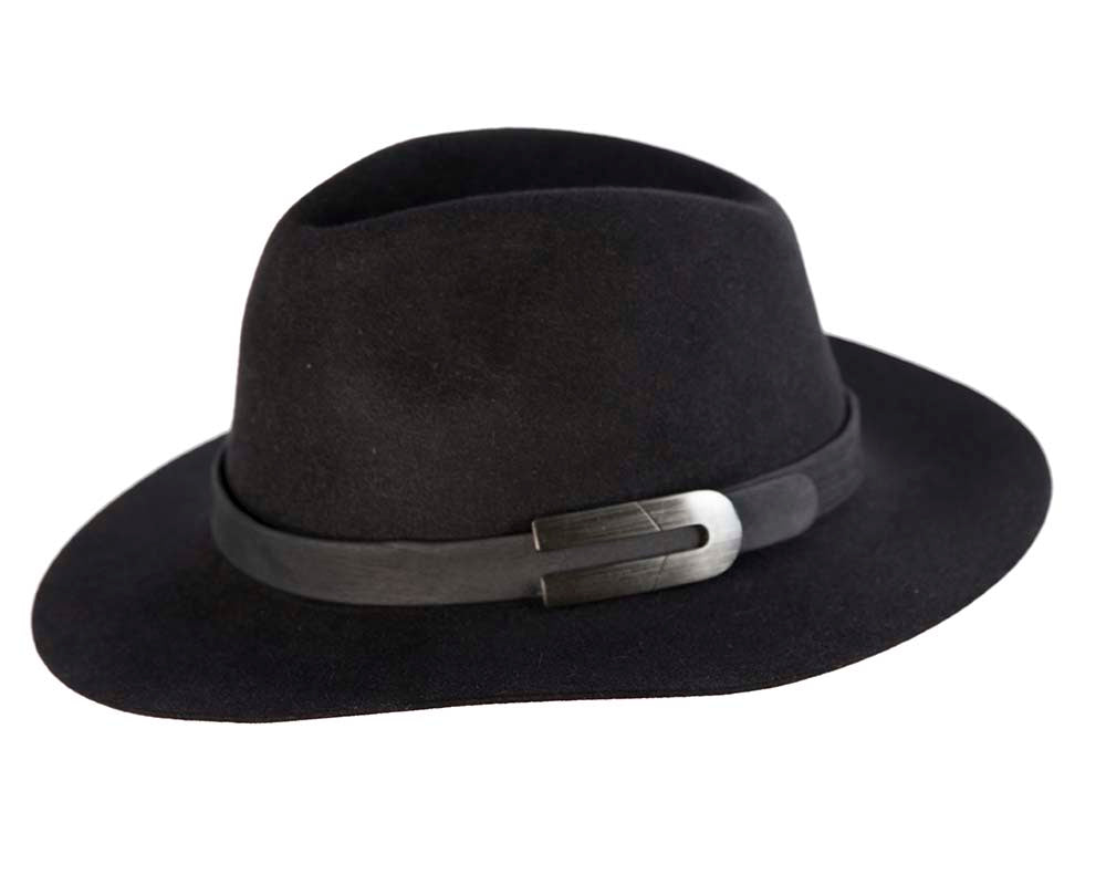 Black rabbit fur wide brim fedora hat with leather band