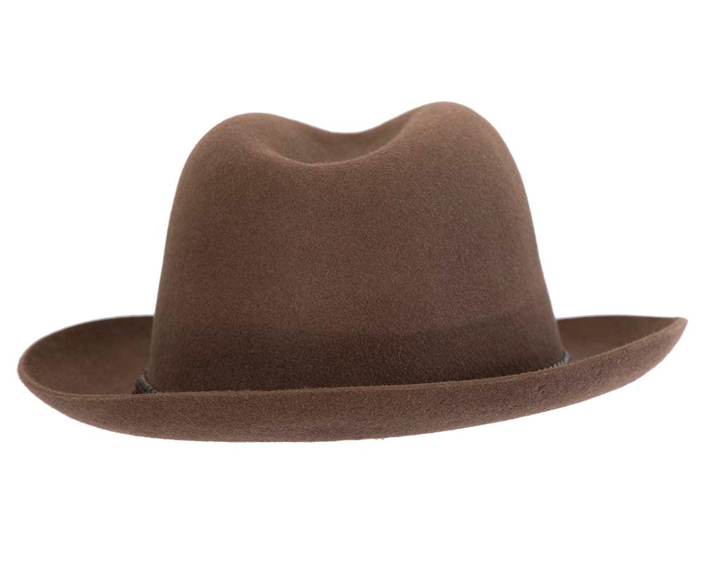 Brown unisex rabbit fur fedora hat, leather trim & buckle