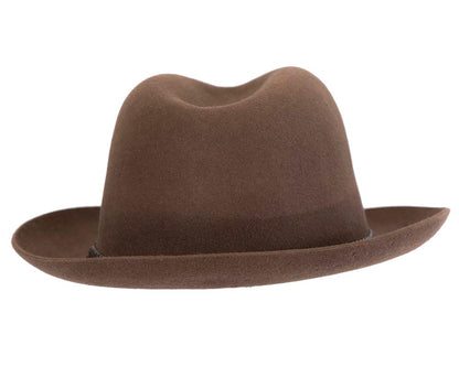 Brown unisex rabbit fur fedora hat, leather trim & buckle